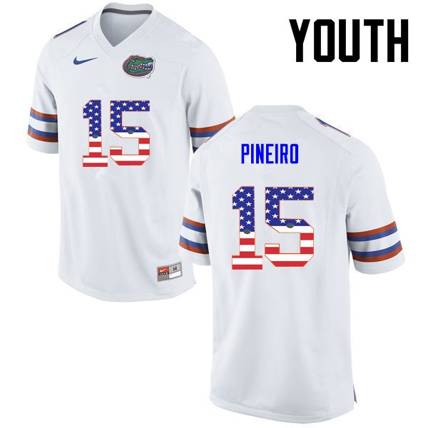 Florida Gators Youth #15 Eddy Pineiro College Football USA Flag Fashion White